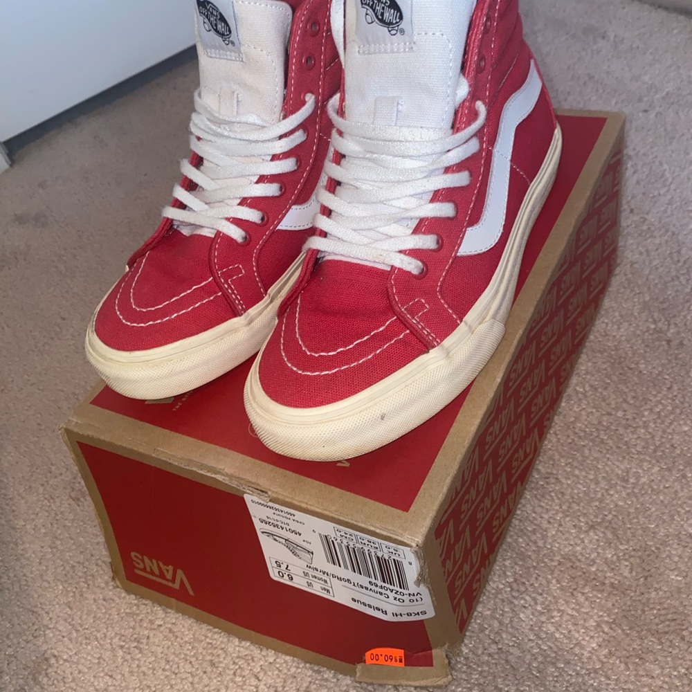 Vans Red and White High-Top Sneakers